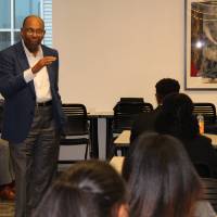 Presenter walking in room